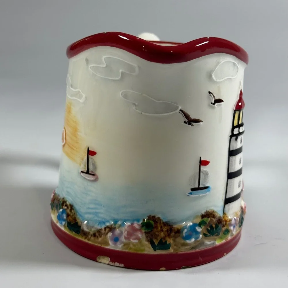 VTG KK Brand Lighthouse Coastal Ceramic Pitcher Small Nautical Beach House Decor